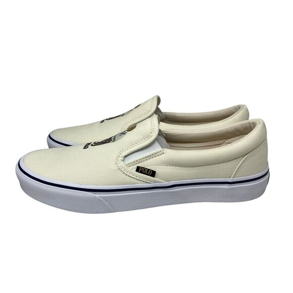 POLO RALPH LAUREN Sneakers Mens 9.5 Cream Canvas Slip On MADRAS BEAR Keaton Boat main image 4